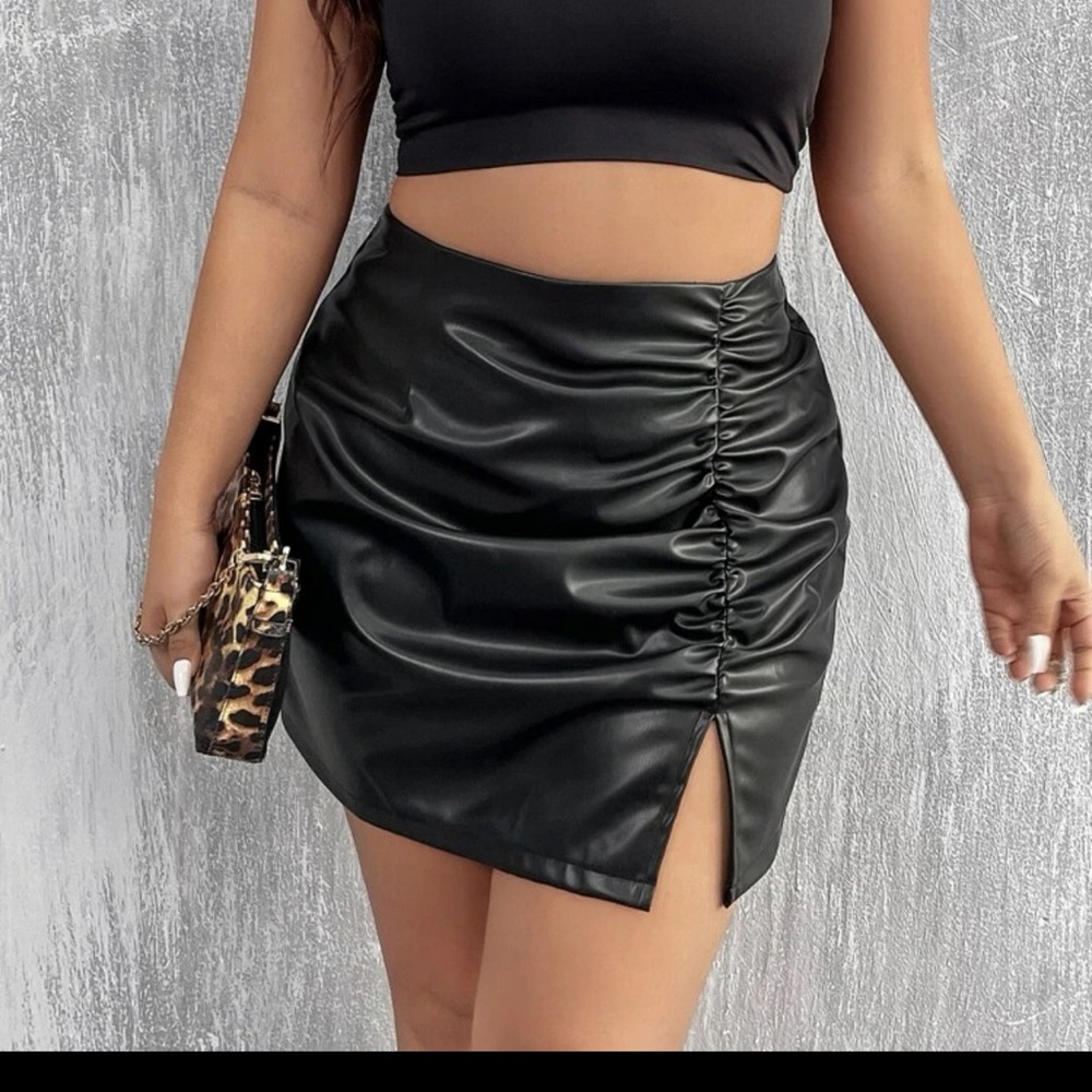 Ruched Split Leather Skirt